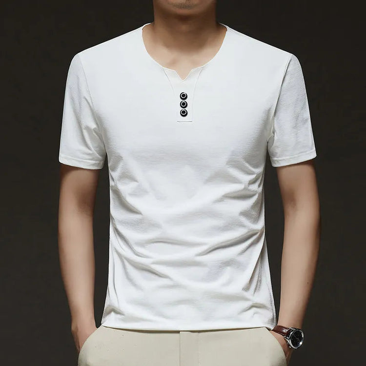 2025 New Men's Business Casual Three Button V-neck Short Sleeved T-shirt Korean Style Summer Comfortable Versatile Top PlatiNum