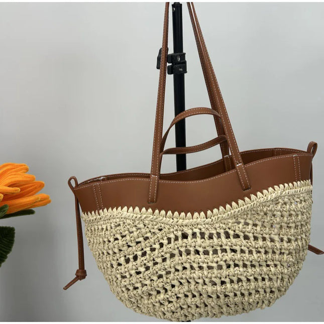 Women's 2-in-1 Woven Straw Bag Underarm Straw Bag with Adjustable Strap Large Capacity Dumpling Shoulder Bag for Summer Beach Bucket Bag