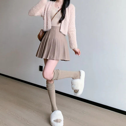 Autumn Winter Woolen Pleated Skirts Women New Korean High Waist Slimming Mini Skirt Ladies Preppy Style Side Zipper A-Line Skirt PlatiNum
