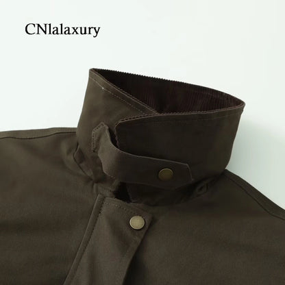 CNlalaxury Women 2025 Autumn New Fashion Contrast Collar Long Sleeve Jacket Casual Warm Coat High Street Outerwear Mujer