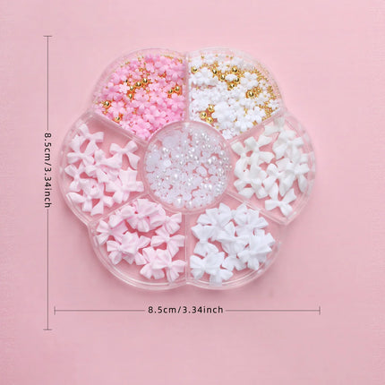 1box 3D Flower Bow Nail Art Decorations Kit Pink/White Acrylic Floral/Peal Beads Nail Charm with Wax Pen/Tweezer 4/6mm Nail Part