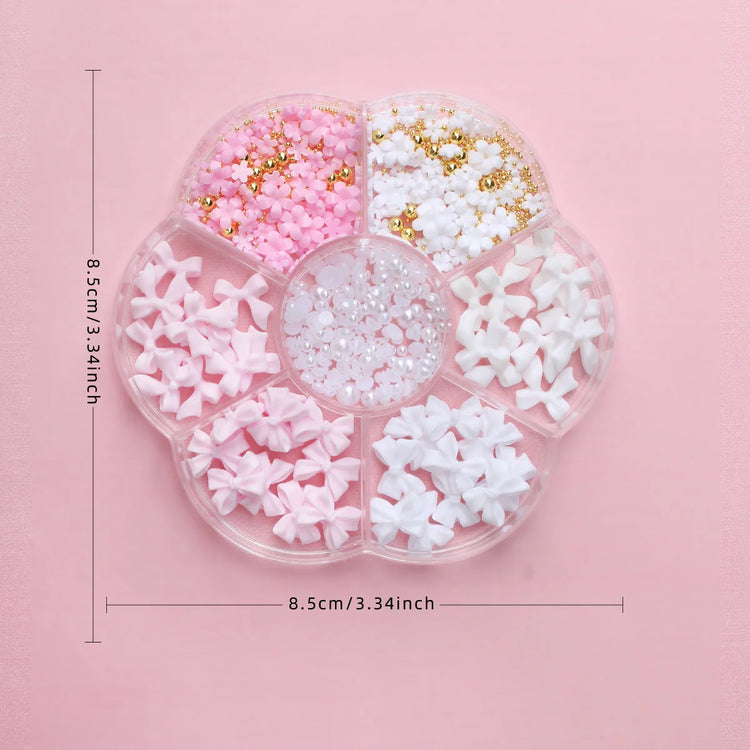 1box 3D Flower Bow Nail Art Decorations Kit Pink/White Acrylic Floral/Peal Beads Nail Charm with Wax Pen/Tweezer 4/6mm Nail Part
