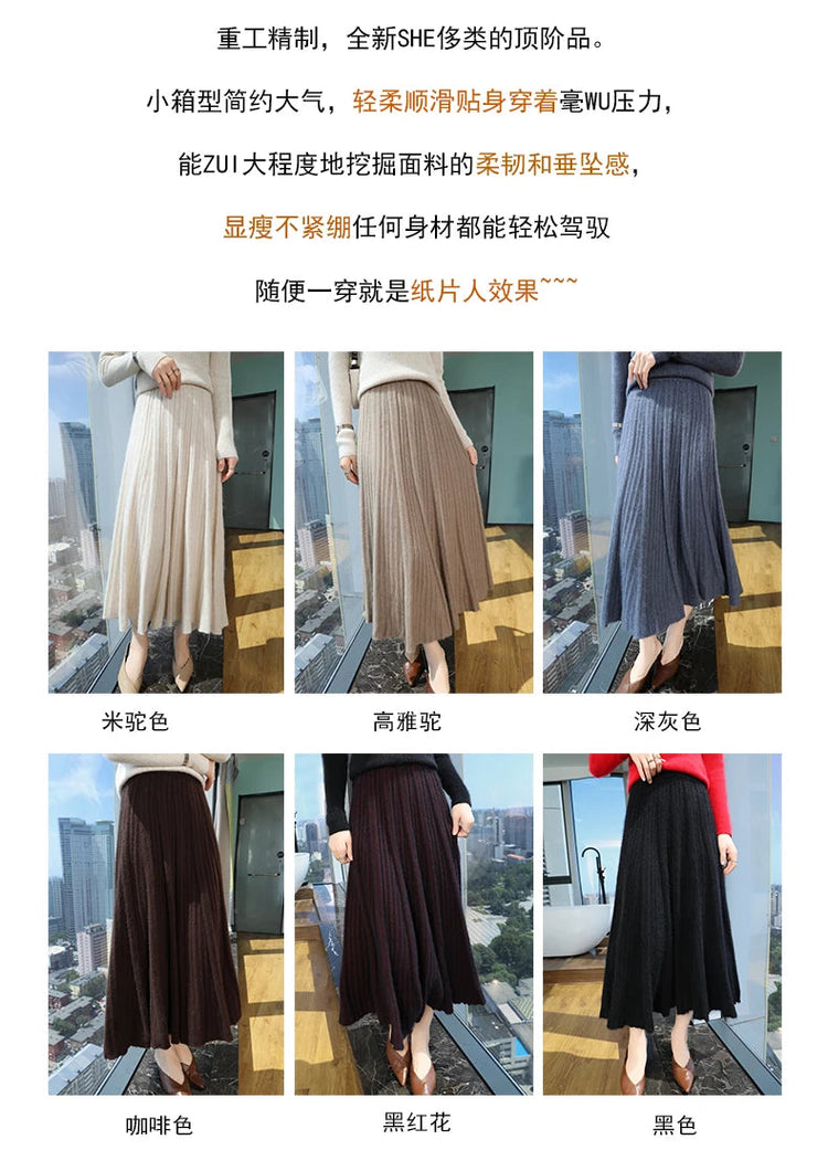 FRSEUCAG Autumn and winter women's warm half skirt 100% mink cashmere pleated skirt thick long skirt soft and loose fashionable PlatiNum