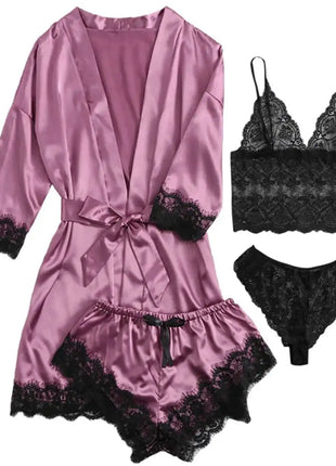 Pigiama da donna lussuoso con scollo a V in 4 pezzi camicia da notte sexy pizzo in raso halter accappatoio in raso di seta camicia da notte per la casa pigiama sexy per la casa platinumshop