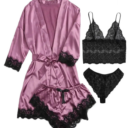 Pigiama da donna lussuoso con scollo a V in 4 pezzi camicia da notte sexy pizzo in raso halter accappatoio in raso di seta camicia da notte per la casa pigiama sexy per la casa platinumshop