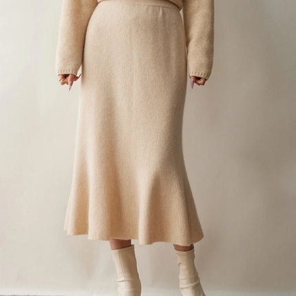 Autumn Winter Women New 100% Cashmere Fishtail Skirt  Mid Length Slimming High Waisted Knitted Umbrella Skirt Elegant Dress PlatiNum