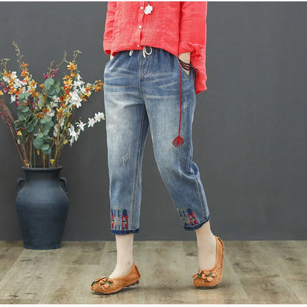 AmaxluluE Jeans larghi strappati da donna alla moda estiva Pantaloni in denim ricamati per il tempo libero da donna Pantaloni Harem elastici da donna vintage