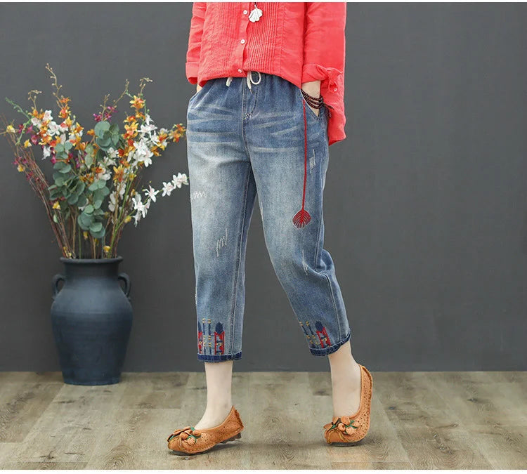 AmaxluluE Jeans larghi strappati da donna alla moda estiva Pantaloni in denim ricamati per il tempo libero da donna Pantaloni Harem elastici da donna vintage