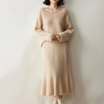 Autumn Winter Women New 100% Cashmere Fishtail Skirt  Mid Length Slimming High Waisted Knitted Umbrella Skirt Elegant Dress PlatiNum