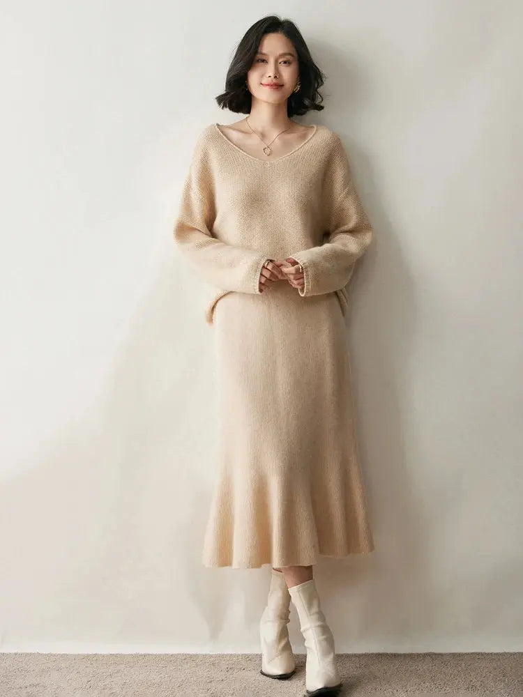 Autumn Winter Women New 100% Cashmere Fishtail Skirt  Mid Length Slimming High Waisted Knitted Umbrella Skirt Elegant Dress PlatiNum
