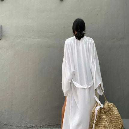 Solid Beach Cover Up Women Self Belted Wrap Kimono Dress Costume da bagno 2025 New Robe Summer Beachwear Fornitura in fabbrica platinumshop