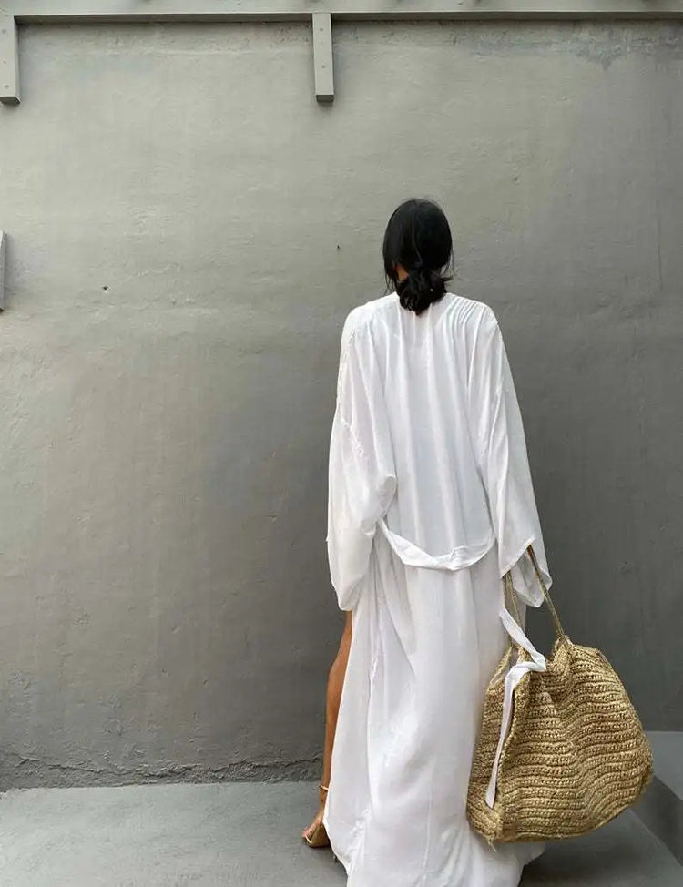 Solid Beach Cover Up Women Self Belted Wrap Kimono Dress Costume da bagno 2025 New Robe Summer Beachwear Fornitura in fabbrica platinumshop