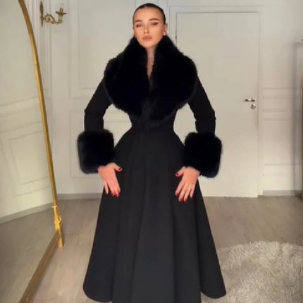 Women Elegant Long Wool Blend Coat Faux Fur Big Collar Cuff Cinched Waist Flare A‑line Maxi Coat Retro Party Outerwear Overcoat