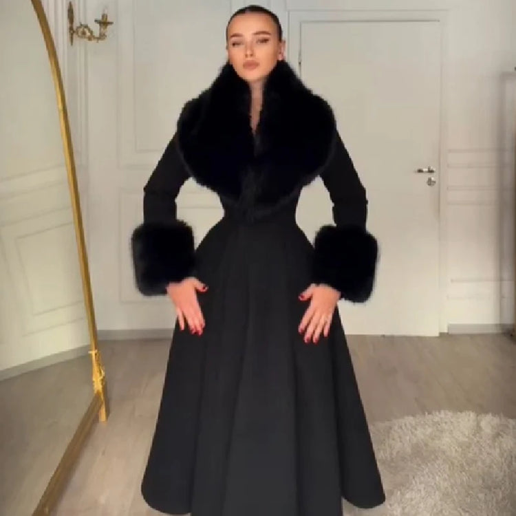 Women Elegant Long Wool Blend Coat Faux Fur Big Collar Cuff Cinched Waist Flare A‑line Maxi Coat Retro Party Outerwear Overcoat