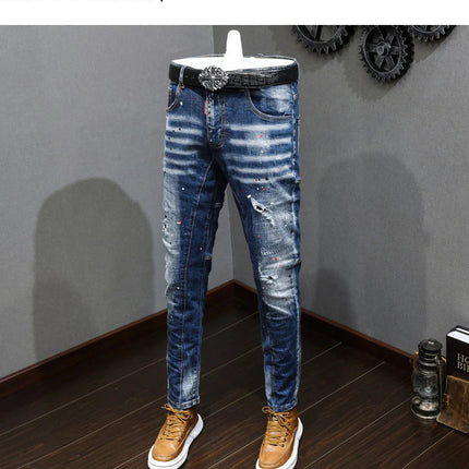 Fashion Designer Men Jeans Retro Blue Stretch Slim Fit Painted Ripped Jeans Men Korean Style Vintage Casual Denim Pants Hombre PlatiNum