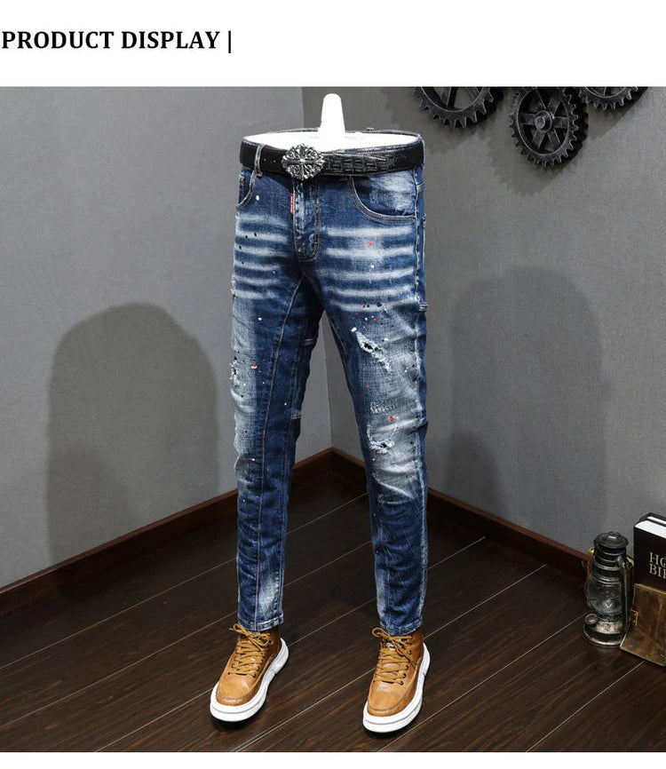 Fashion Designer Men Jeans Retro Blue Stretch Slim Fit Painted Ripped Jeans Men Korean Style Vintage Casual Denim Pants Hombre PlatiNum