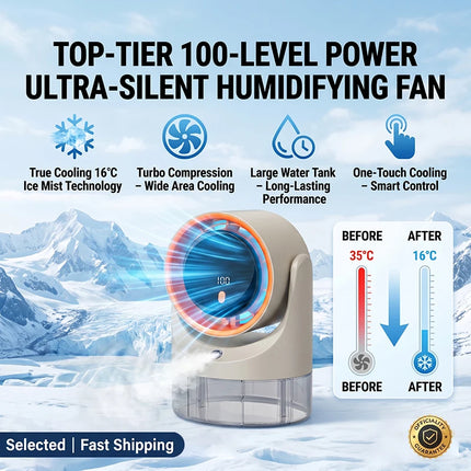 Ventilatore Nebulizzatore con Funzione Umidificatore 360° °   Ventilatore da tavolo regolabile con display LED 100 velocità 16 ° C Ice Fog Batteria da 1800mAh a Lunga Durata