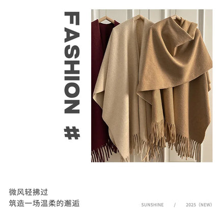 Women Split‑Open Woolen Tassel Poncho Shawl Thick Warm Cape Coat Autumn Winter Travel Photography Outer Wrap
