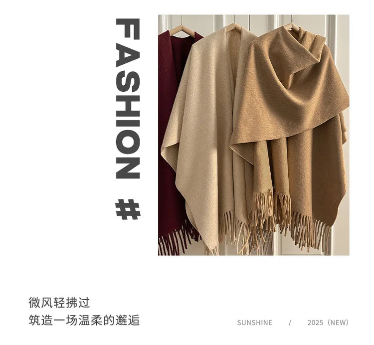 Women Split‑Open Woolen Tassel Poncho Shawl Thick Warm Cape Coat Autumn Winter Travel Photography Outer Wrap