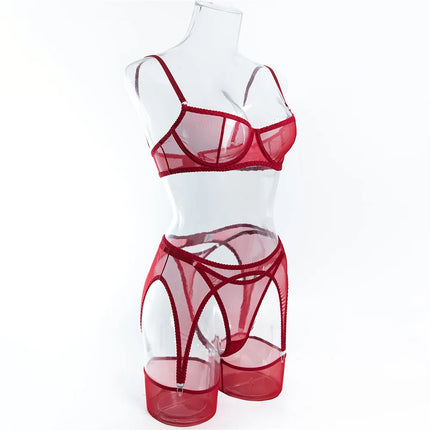 Krasapt Sexy Mesh See Through Lingerie 4 Piece Sets Woman Sheer Push Up Bras And Panties Garter Suits Erotic Intimate Outfits