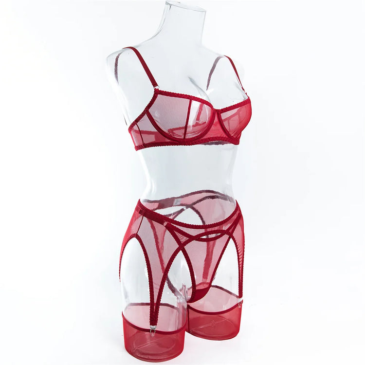 Krasapt Sexy Mesh See Through Lingerie 4 Piece Sets Woman Sheer Push Up Bras And Panties Garter Suits Erotic Intimate Outfits