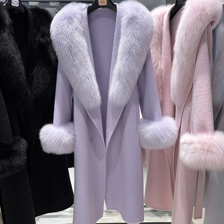 YOLOAgain Women's 100% Wool Coat Long With Detachable Real Fox Fur Collar 2025 Autumn Elegant Double-Sided Wool Coat