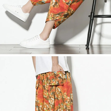 Pantaloncini Estivi Harajuku Larghi Stampati Traspiranti Casual a Lunghezza Polpaccio in Cotone Oversize da Uomo