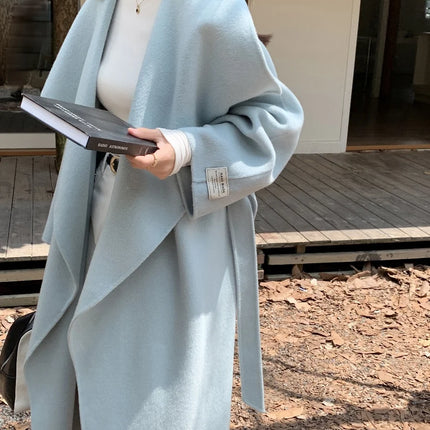 High-end Women Double-sided Wool Long Coat Warm Baby Blue Lapel Loose Double Breasted Wool Coat Female Fashion Autumn Winter
