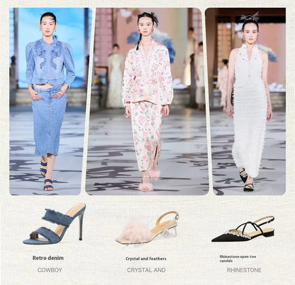 Spring and summer pointed toe shallow mouth pearl rhinestone mesh wedding shoes banquet dress stiletto high heel women's sandals