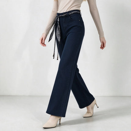 Women's Dark Blue Wide Leg Jeans, High Waist with Decorative Scarf Band, Comfortable Denim Urban Casual Style, All-Season Pants，Fx1338-7