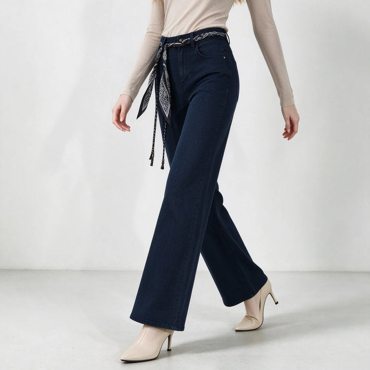 Women's Dark Blue Wide Leg Jeans, High Waist with Decorative Scarf Band, Comfortable Denim Urban Casual Style, All-Season Pants，Fx1338-7