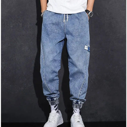 Loose Elastic Waist Denim Jeans for Men 2024 Fashion Casual Spring Workwear Foot-Tied Pants with Brand Workwear Baggy Trousers PlatiNum