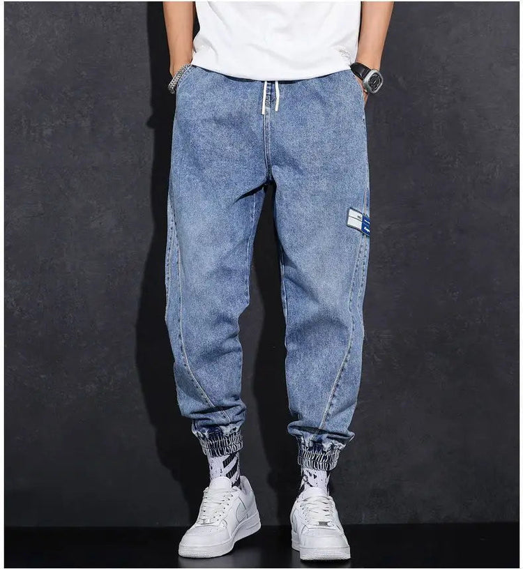 Loose Elastic Waist Denim Jeans for Men 2024 Fashion Casual Spring Workwear Foot-Tied Pants with Brand Workwear Baggy Trousers PlatiNum