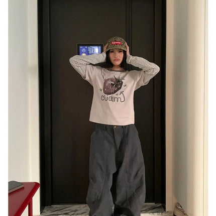 HOUZHOU Y2K Vintage Wash Donna Cargo Jeans Harajuku Scimitar Gamba larga Pantaloni in denim retrò americani Pantaloni larghi Gyaru Streetwear
