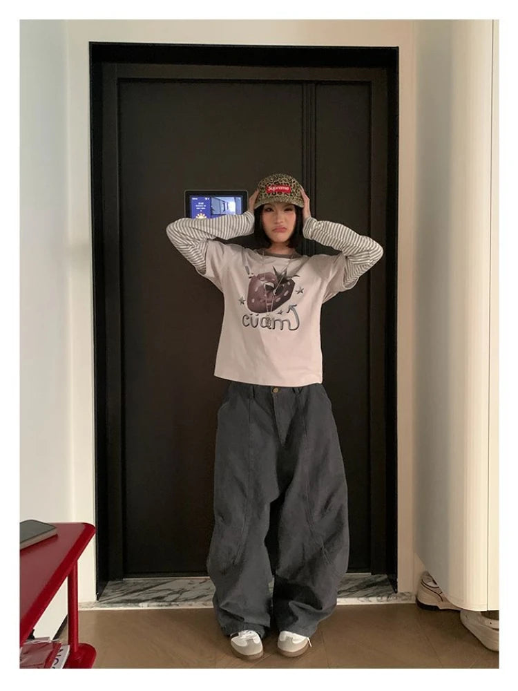 HOUZHOU Y2K Vintage Wash Donna Cargo Jeans Harajuku Scimitar Gamba larga Pantaloni in denim retrò americani Pantaloni larghi Gyaru Streetwear