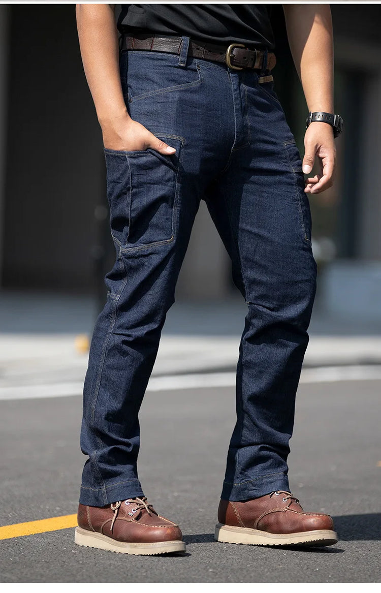 Men's Tactical Jeans Military Denim Cargo Pants Multi-pocket Elastic Casual  Work Trousers Outdoor Combat Training Hiking Pants