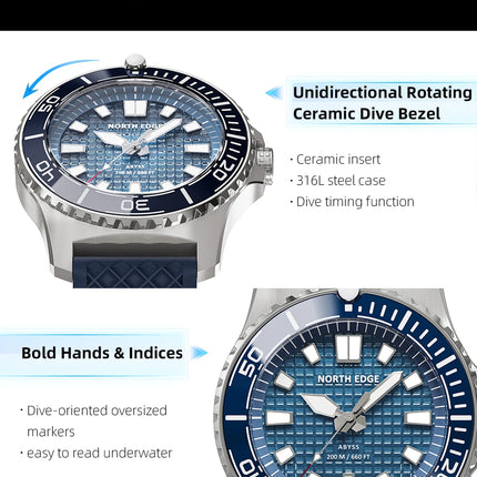 NORTH EDGE NEW Design ABYSS Solar Powered Dive Quartz Wristwatch 200M Waterproof Sports Diving Watch 316L Soft Strap Men Watches