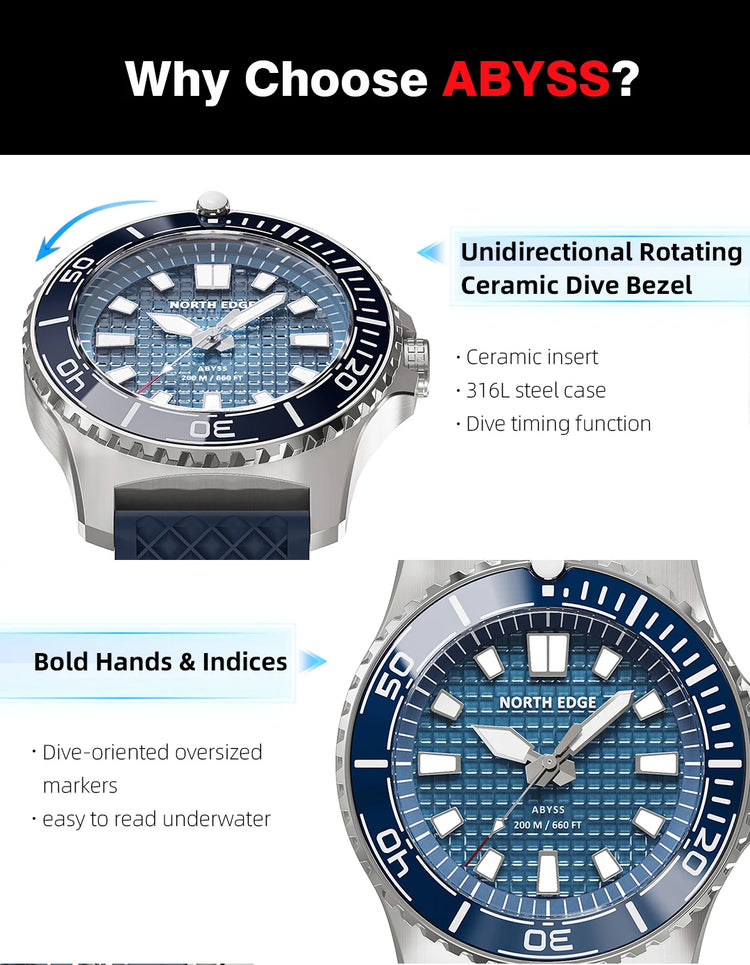 NORTH EDGE NEW Design ABYSS Solar Powered Dive Quartz Wristwatch 200M Waterproof Sports Diving Watch 316L Soft Strap Men Watches