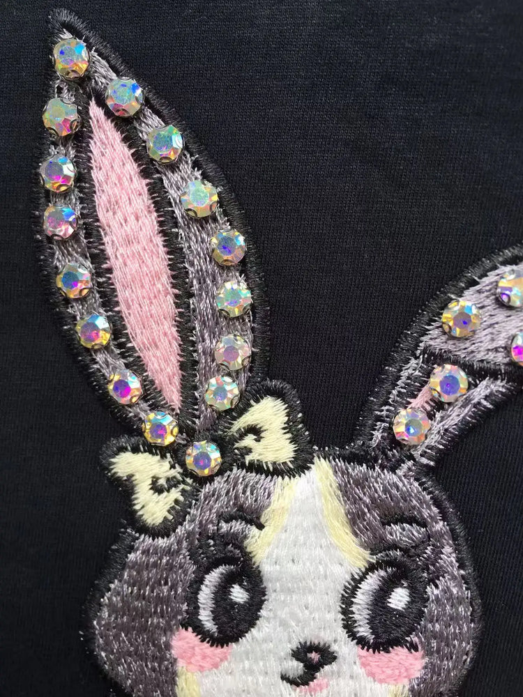 T-shirt da donna a maniche corte girocollo casual con stampa cartoon, oversize, stile Y2K, patchwork, con strass, moda estiva