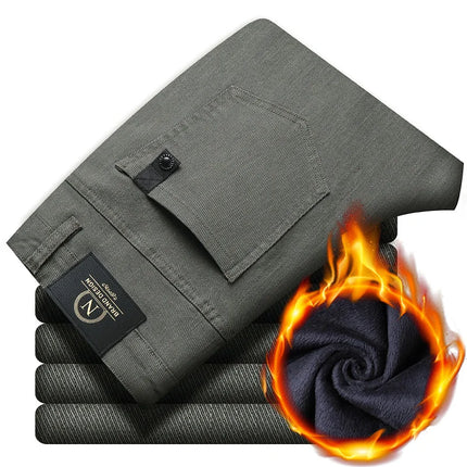 Winter New Business Fashion Casual Elastic Comfort Velvet Trouser Fleece Casual Pants Men's Straight Slim Thick Warm Male