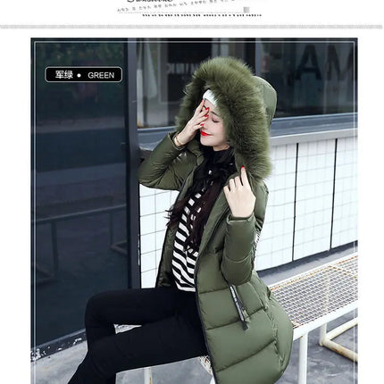 Women Winter Fur Collar Hooded Parka Coats Fashion Letter Patch Zipper Long Jacket Elegant Slim Warm Thick Female Snow Outerwear