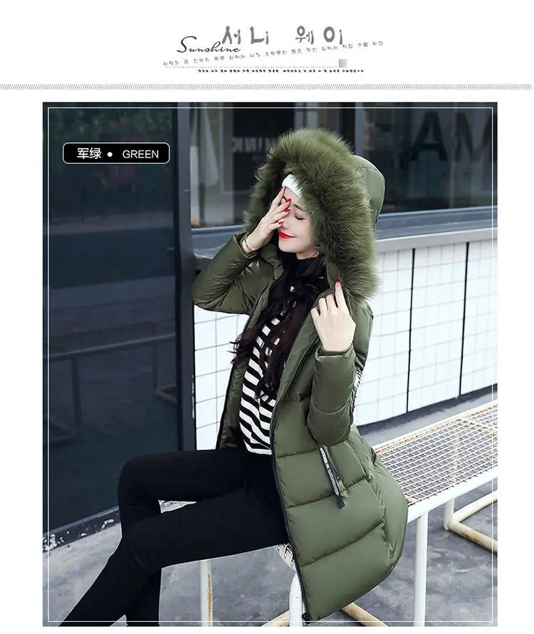 Women Winter Fur Collar Hooded Parka Coats Fashion Letter Patch Zipper Long Jacket Elegant Slim Warm Thick Female Snow Outerwear