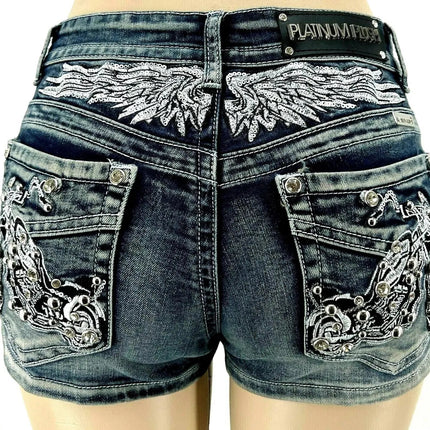 Women Rider Motorcycle Wing Rivet Embroidery Shorts Y2k Vintage Gothic Hot Girl Sexy Washed Denim Shorts Low Waist Mini Skirts PlatiNum