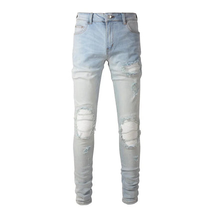 Men Pale Light Blue Biker Jeans Cracked Pleated Patch Patchwork Stretch Denim Pants Streetwear Holes Ripped Skinny Trousers PlatiNum