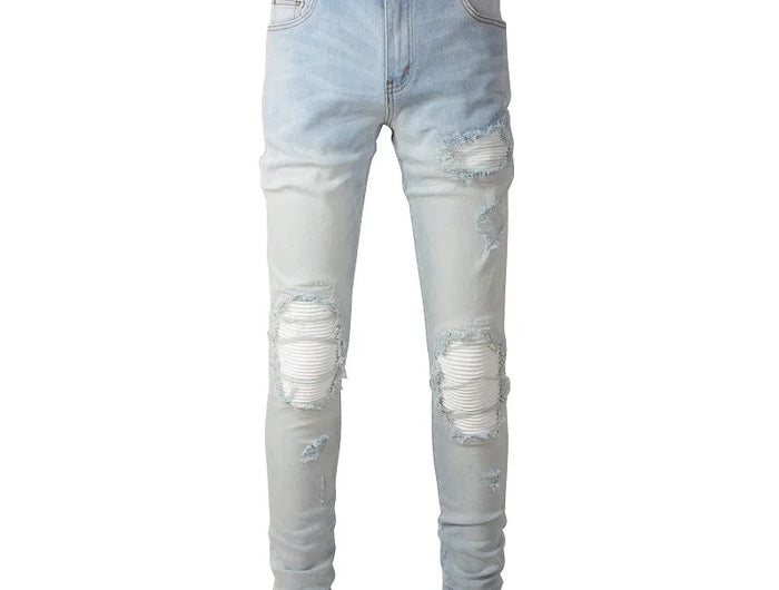 Men Pale Light Blue Biker Jeans Cracked Pleated Patch Patchwork Stretch Denim Pants Streetwear Holes Ripped Skinny Trousers PlatiNum