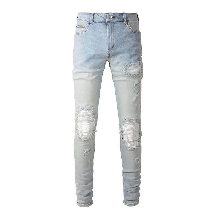 Men Pale Light Blue Biker Jeans Cracked Pleated Patch Patchwork Stretch Denim Pants Streetwear Holes Ripped Skinny Trousers PlatiNum
