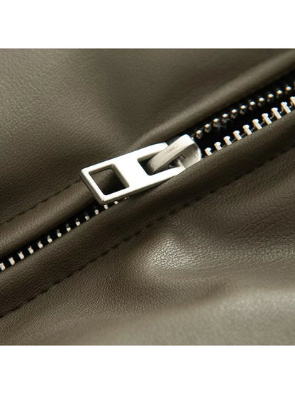 Women Green Leather Cropped Jacket Coat Vintage Streetwear Motorcycle Mustang Jacket 2000s Vintage Warm Thicke Outerwear Autumn