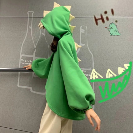 Autumn Women Cartoon Dinosaur Horn Cap Hoodies Harajuku Sweatshirts Cute Front Short Back Long Halloween Dragon Shape Pullovers