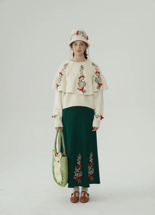 62-96cm Waist Fall Winter Long Skirts Women Elegant Handmade Embriodery Crochet Red Fruit Cashmere Wool Knitted Emerald Skirts PlatiNum