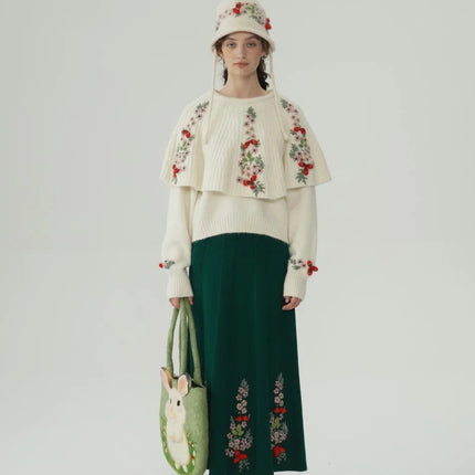 62-96cm Waist Fall Winter Long Skirts Women Elegant Handmade Embriodery Crochet Red Fruit Cashmere Wool Knitted Emerald Skirts PlatiNum